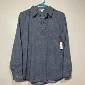 Blue White Floral Half button Up Shirt Womens XS Work Career Business Academia